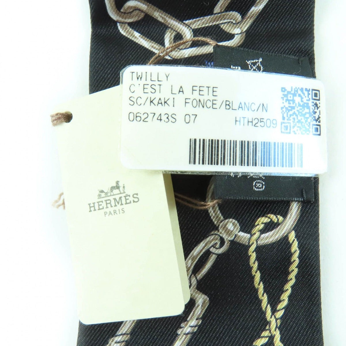 Hermes Twilly Serafette Silk Khaki Fonce White Black Scarf — view 7