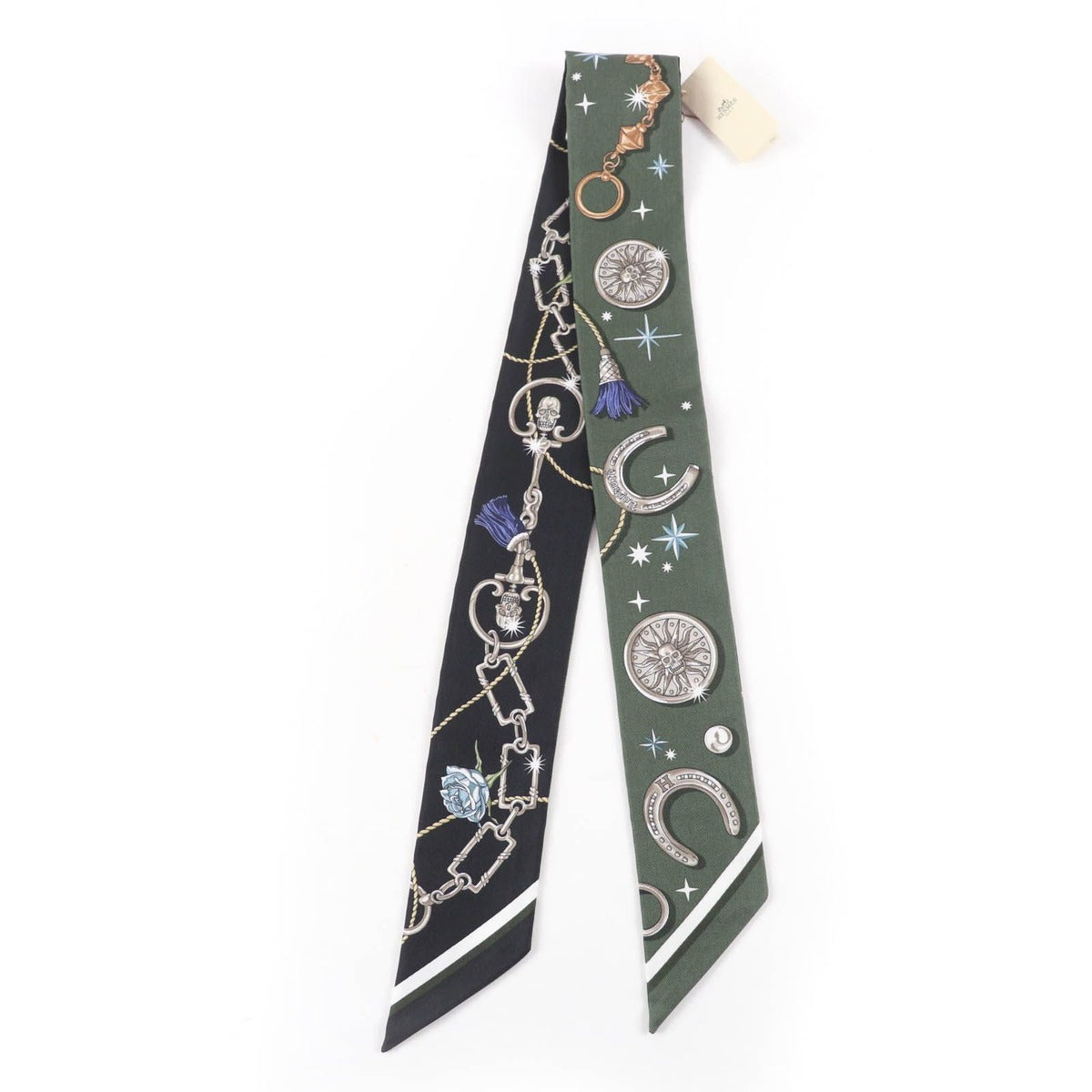 Hermes Twilly Serafette Silk Khaki Fonce White Black Scarf