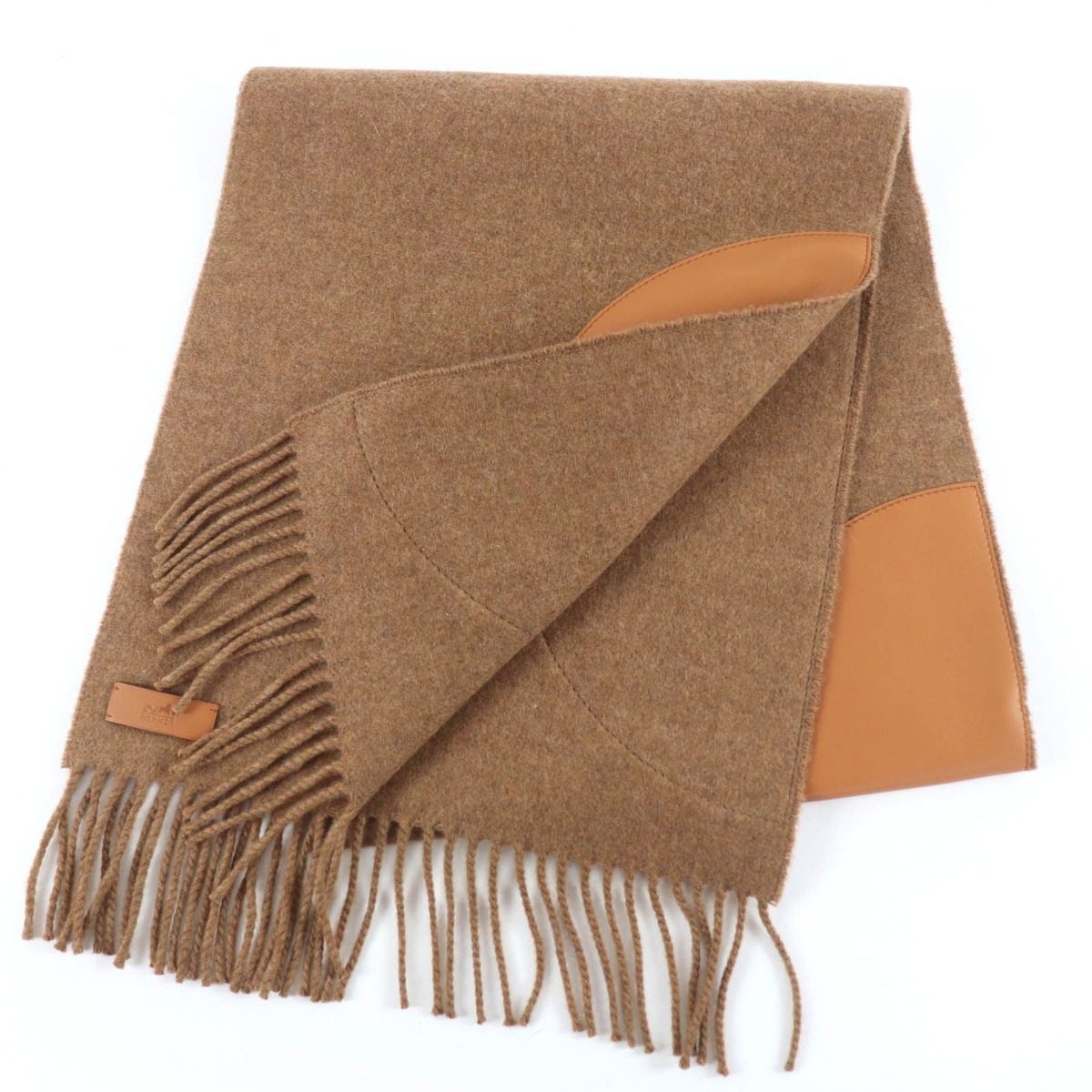 Hermes Pois Cuir Cashmere Lamb Leather Patchwork Scarf Brown — view 3