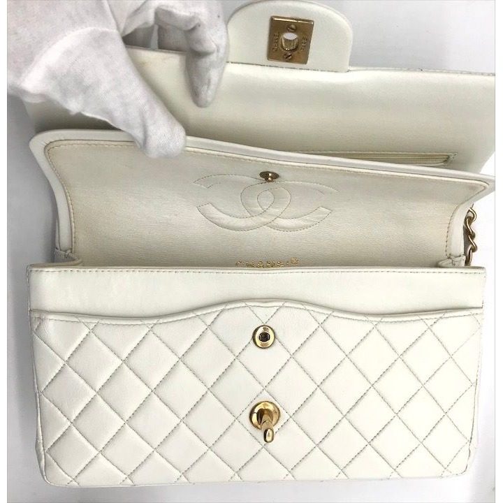 Chanel CC Logo Turnlock Lambskin Double Flap Chain Shoulder Bag White — view 7