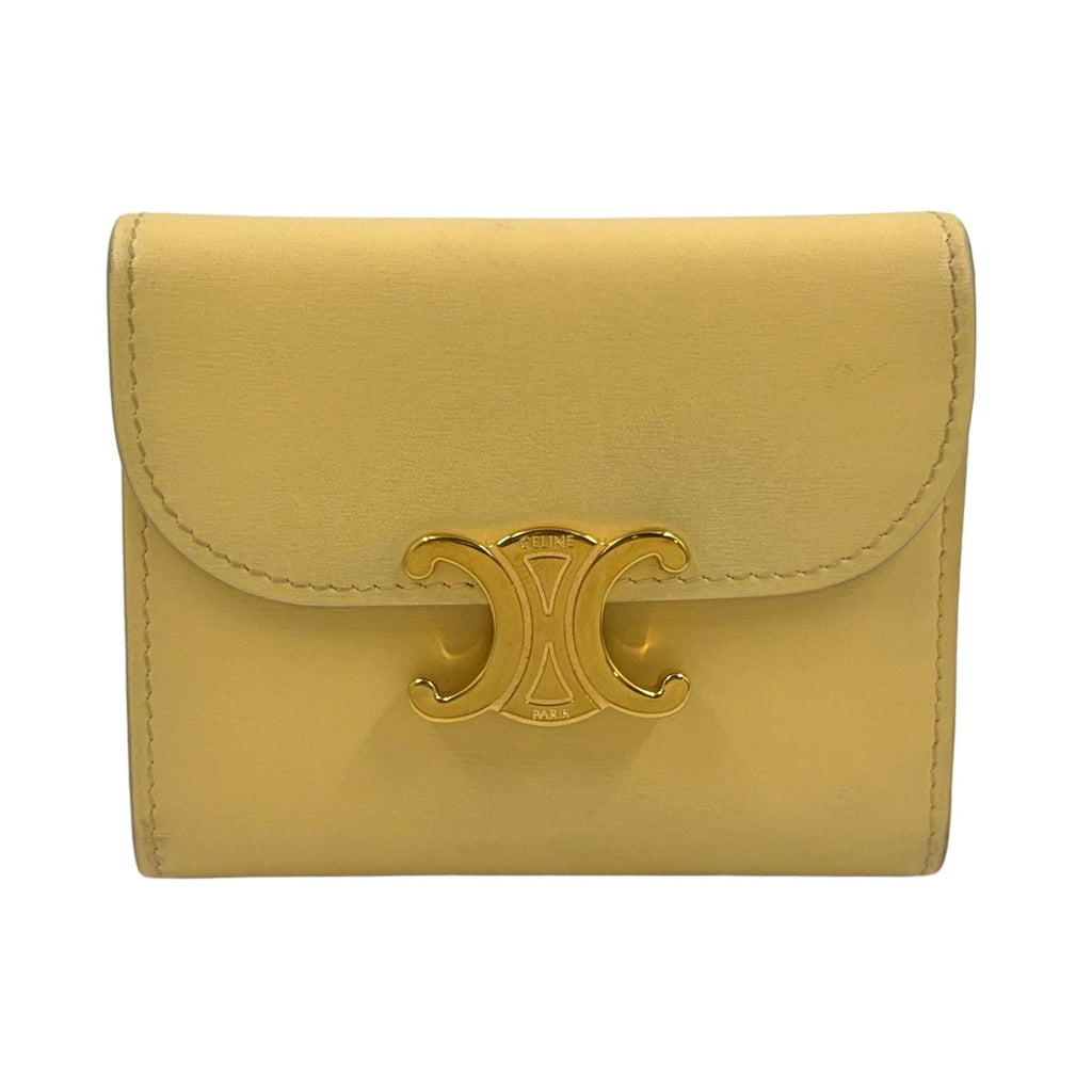 Celine Small Flap Triomphe Leather Light Yellow Trifold Wallet Gold