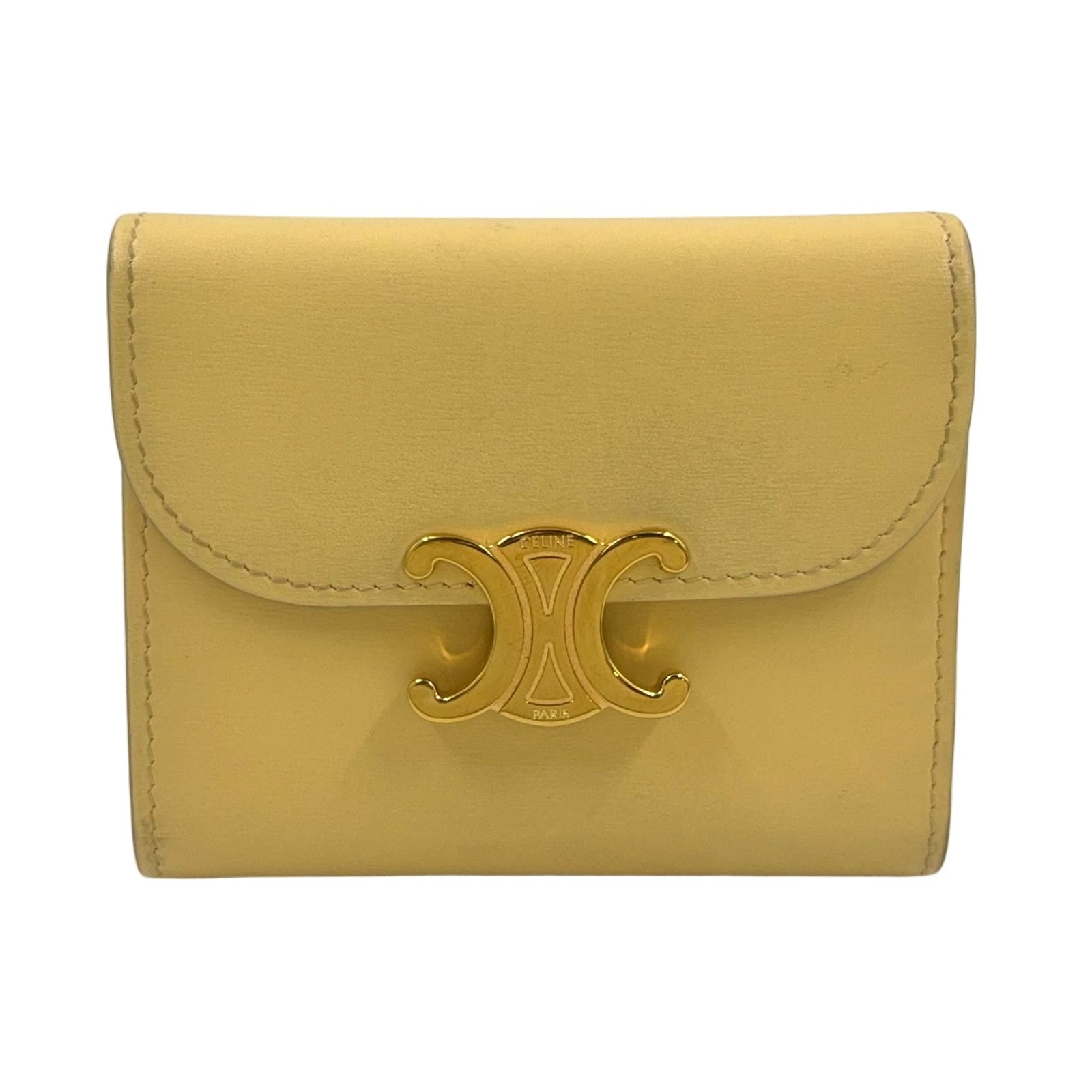Celine Small Flap Triomphe Leather Light Yellow Trifold Wallet Gold