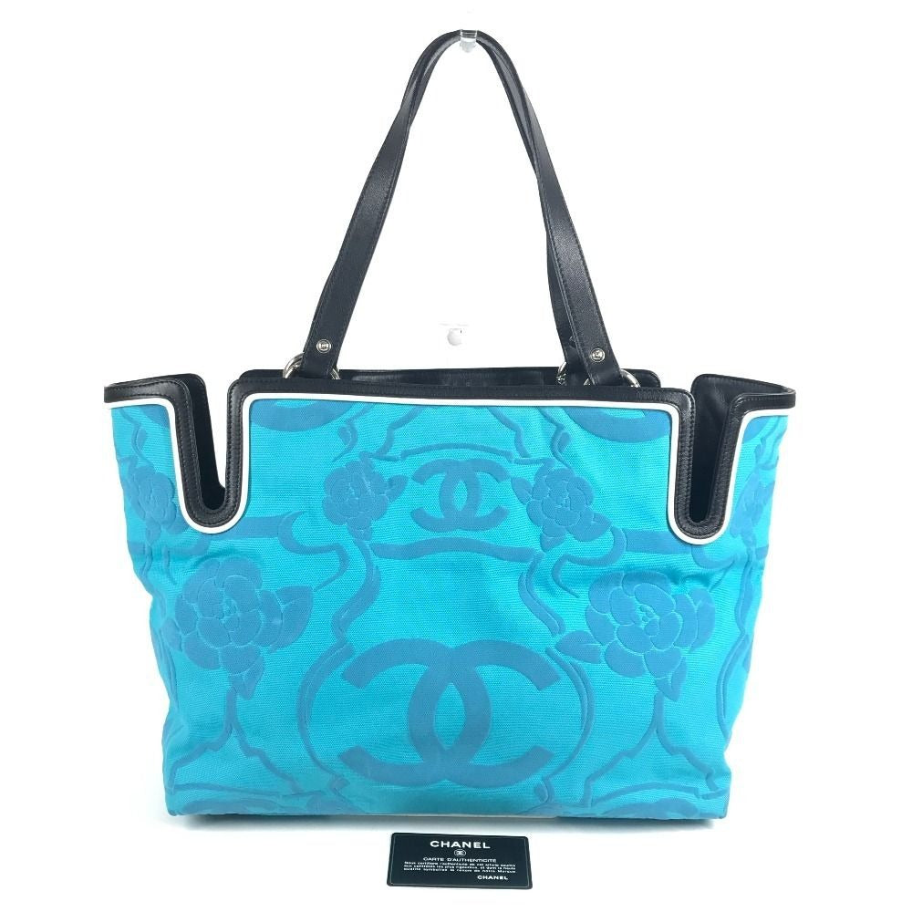 Chanel Shoulder Bag Logo CC Camellia Leather Canvas Blue Shape