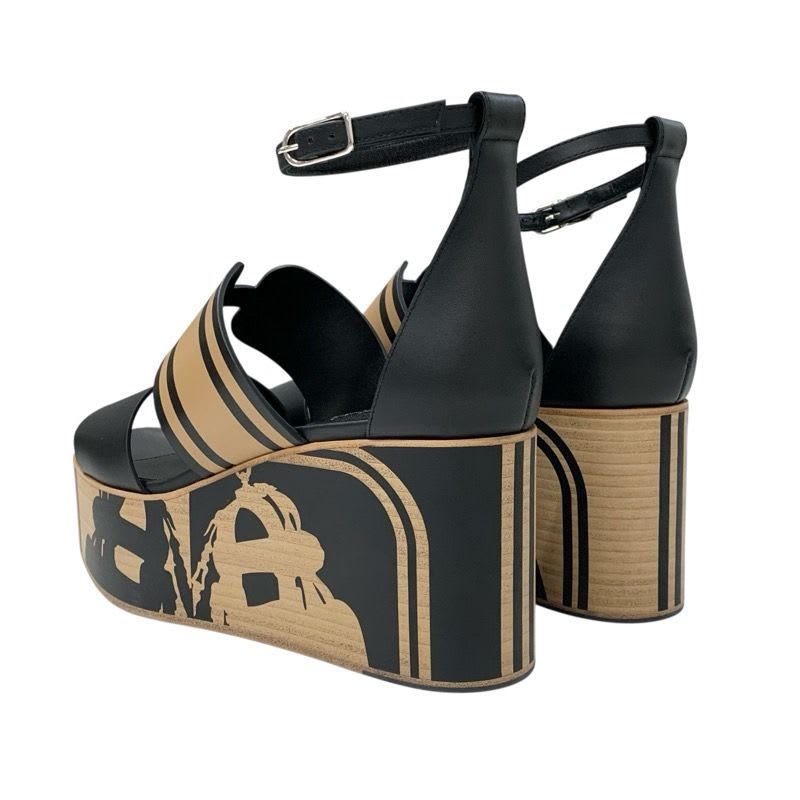 Hermes Charis Sandals Shoes Leather Black Brown Brides De Gala Quadri — view 4