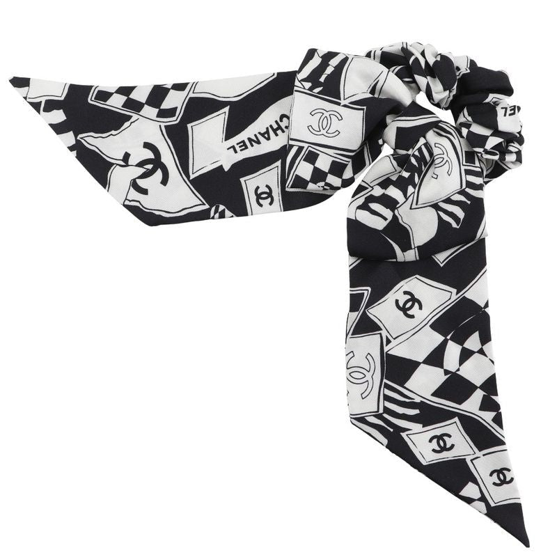 Chanel Chou Coco Mark Logo Ribbon Silk Black White Hair Tie