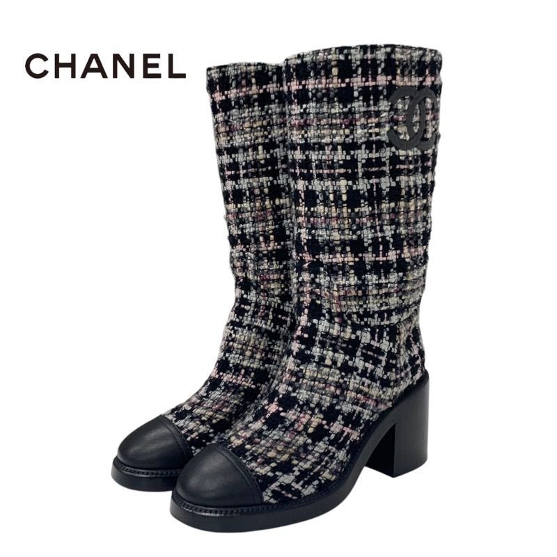 Chanel Boots Long Shoes Tweed Leather Black Multicolor Coco Mark
