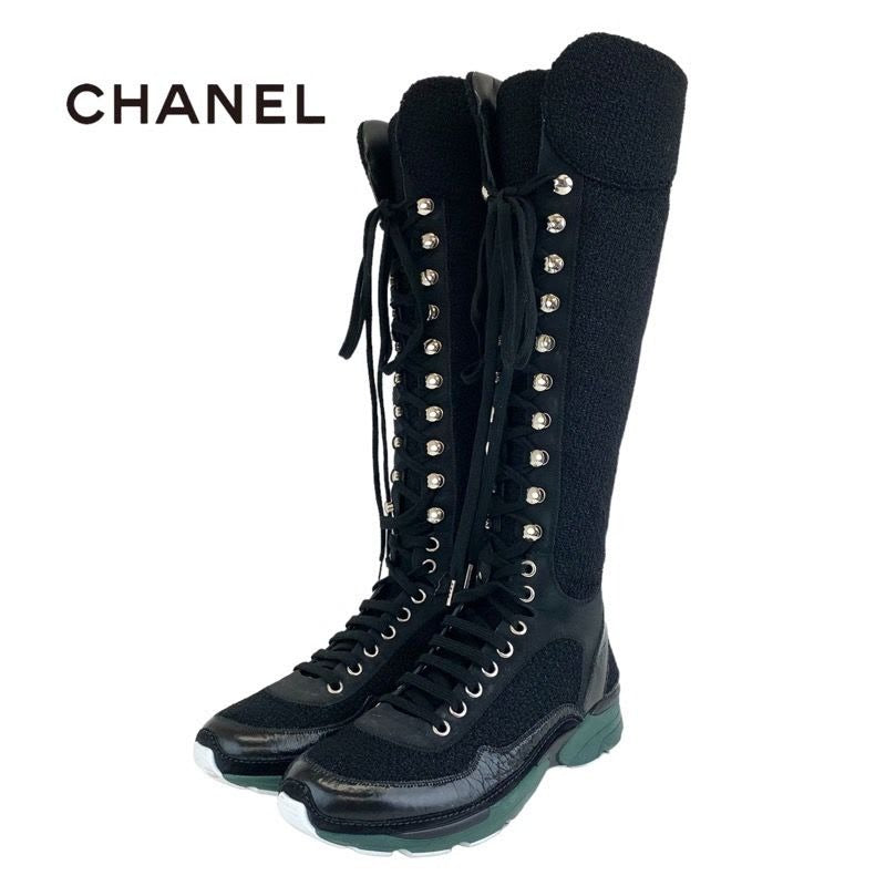 Chanel Boots Long Shoes Tweed Leather Black Lace Up Coco Mark Lame