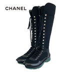 Chanel Boots Long Shoes Tweed Leather Black Lace Up Coco Mark Lame