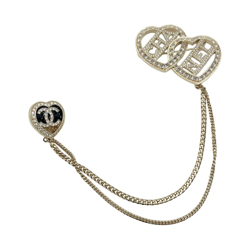 Chanel Coco Mark Heart Chain Brooch Gold GP Rhinestone