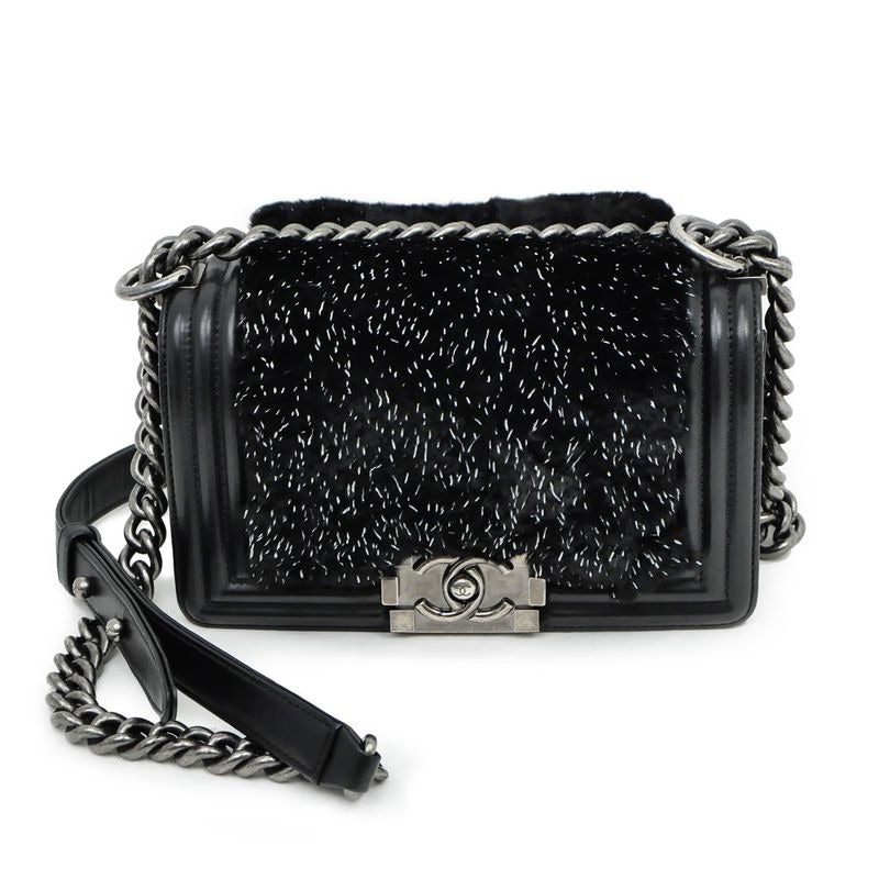 Chanel Chain Shoulder Bag Orirag Rabbit Fur Lamb Black — view 2