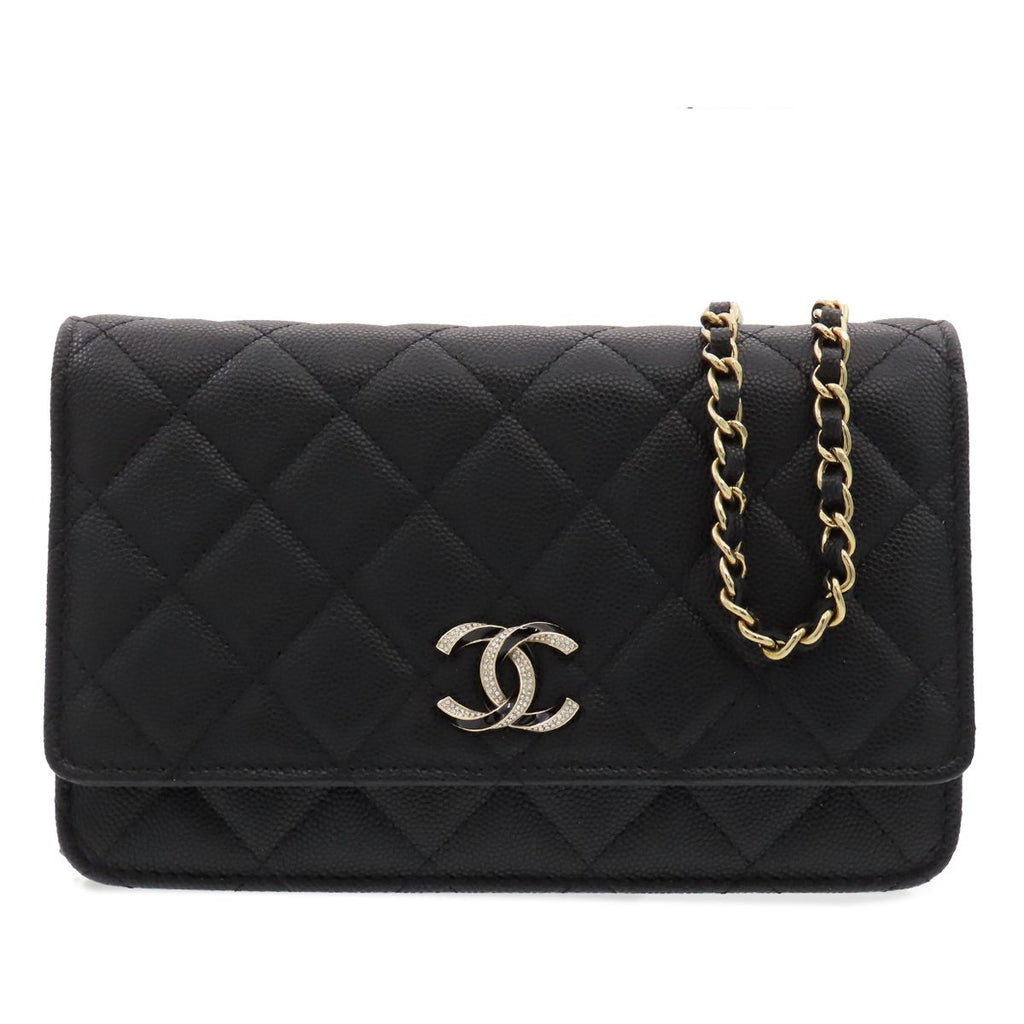 Chanel Chain Wallet Black Caviar Leather Rhinestone Quilted Shoulder Bag