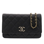 Chanel Chain Wallet Black Caviar Leather Rhinestone Quilted Shoulder Bag
