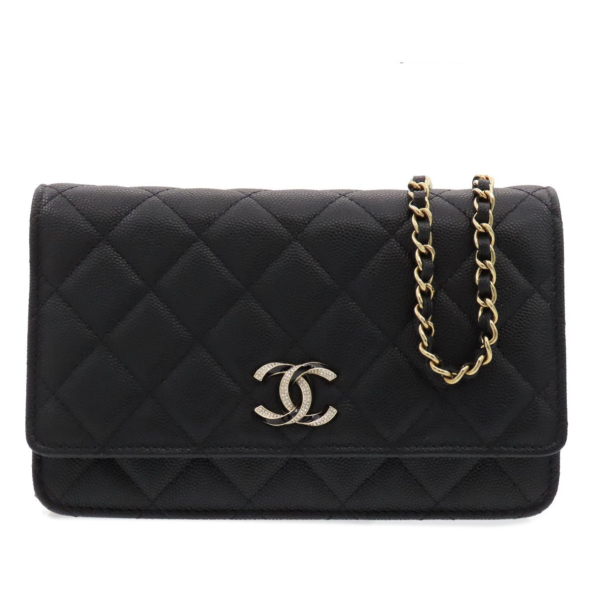 Chanel Chain Wallet Black Caviar Leather Rhinestone Quilted Shoulder Bag