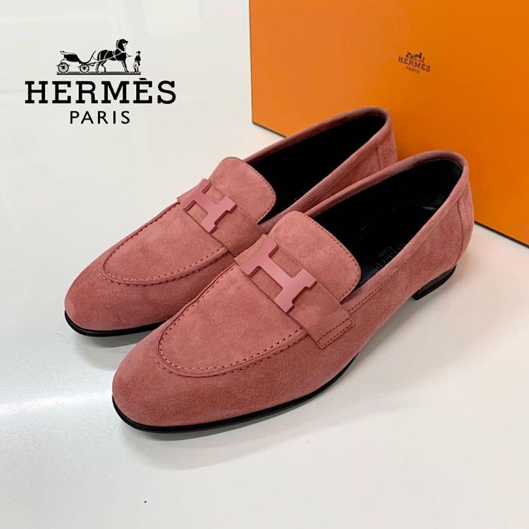 Hermes Paris Suede Hhardware Loafers Pink