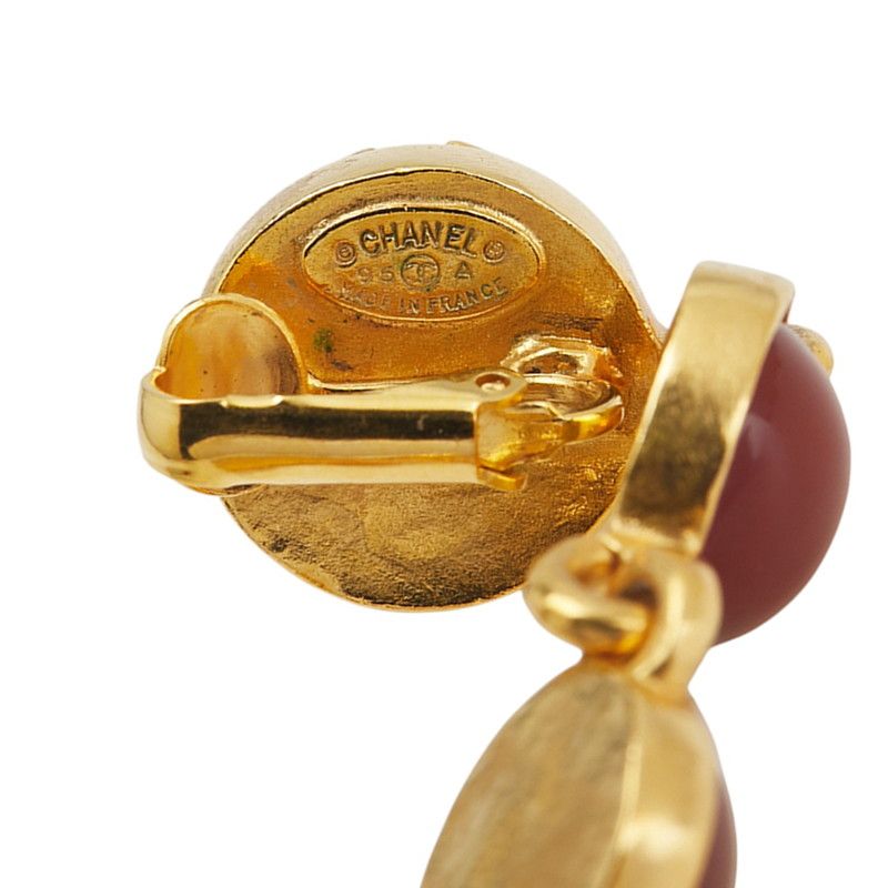 Chanel Vintage Earrings Coco Mark Round Swing Gold Wine Red Plated — view 4