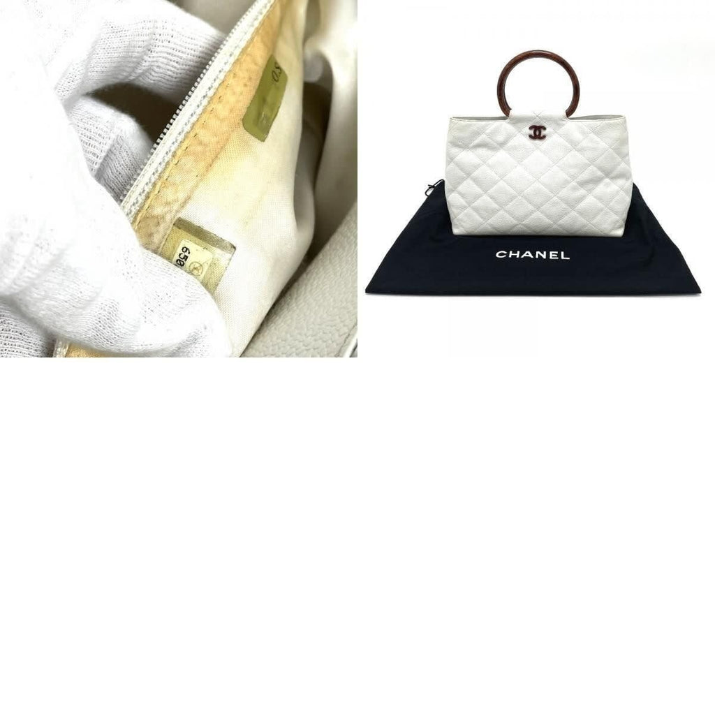 Chanel CC Vintage Caviar Leather Tote White Shoulder Bag Wooden Ring Handle — view 6