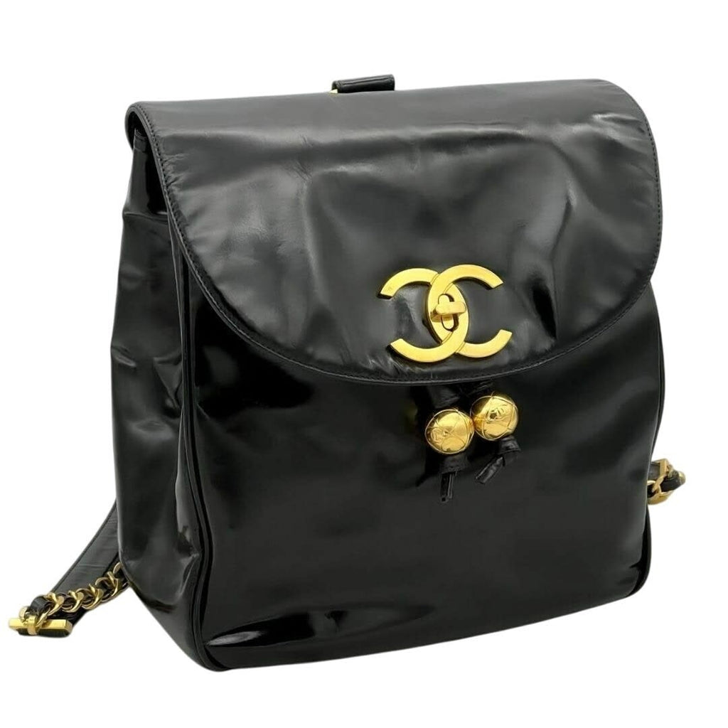 Chanel CC Vintage Backpack Bag Patent Leather Black Turnlock Chain — view 3