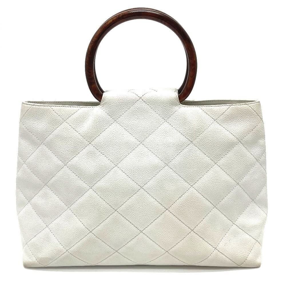 Chanel CC Vintage Caviar Leather Tote White Shoulder Bag Wooden Ring Handle — view 4
