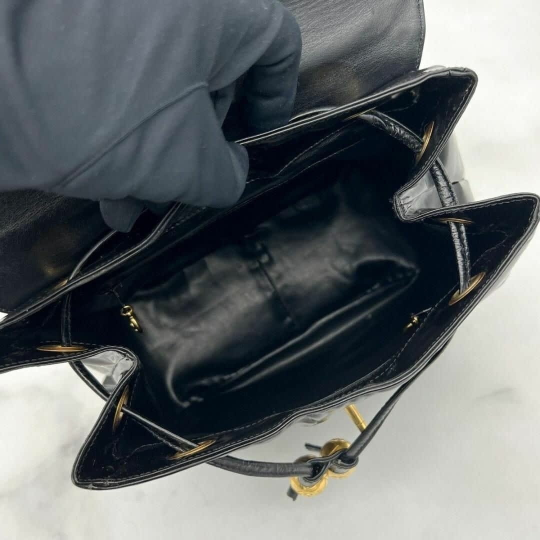 Chanel CC Vintage Backpack Bag Patent Leather Black Turnlock Chain — view 7