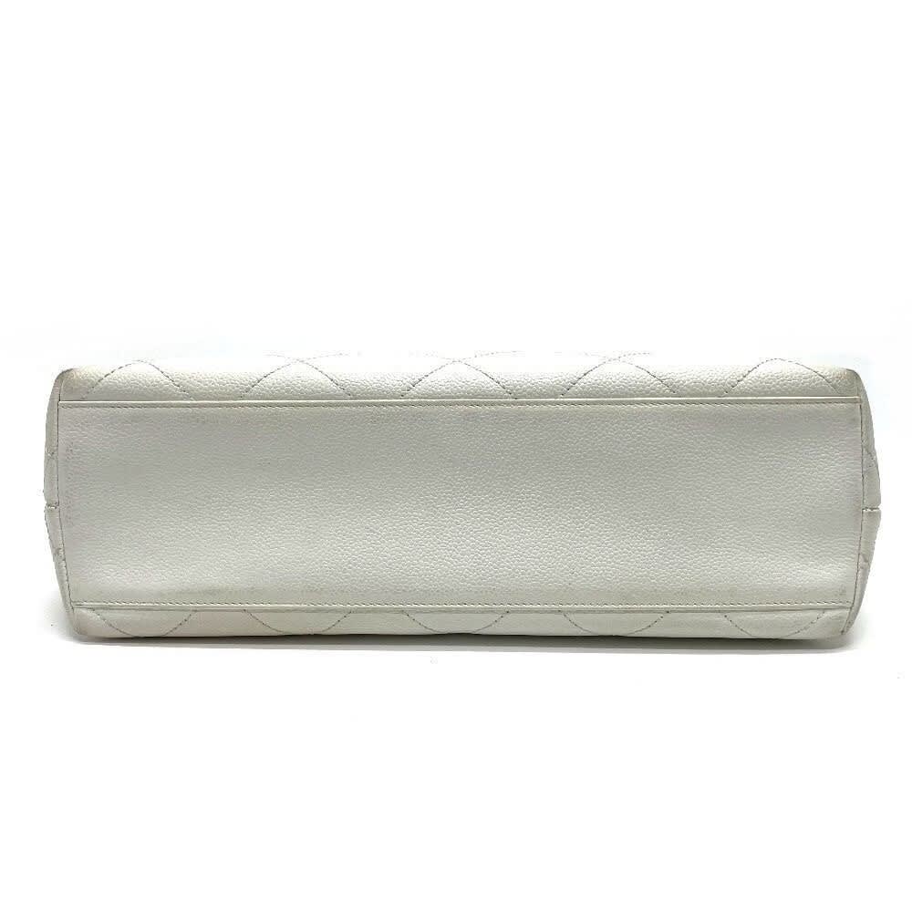 Chanel CC Vintage Caviar Leather Tote White Shoulder Bag Wooden Ring Handle — view 7