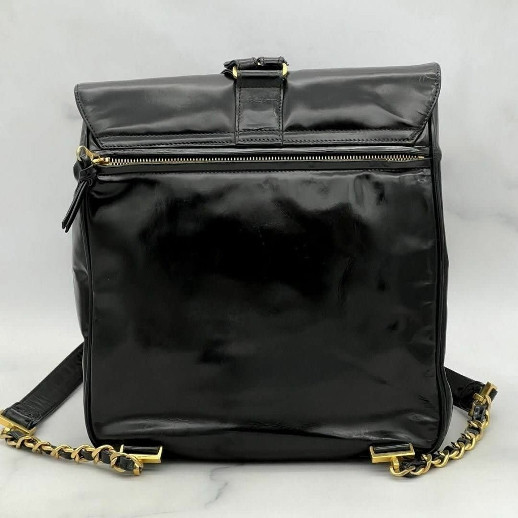 Chanel CC Vintage Backpack Bag Patent Leather Black Turnlock Chain — view 4