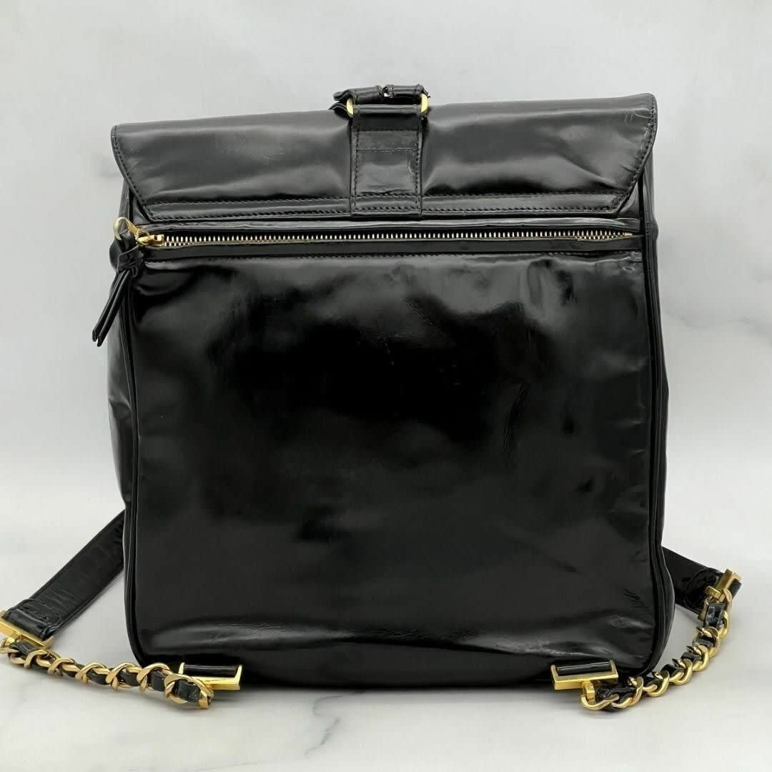 Chanel CC Vintage Backpack Bag Patent Leather Black Turnlock Chain — view 4