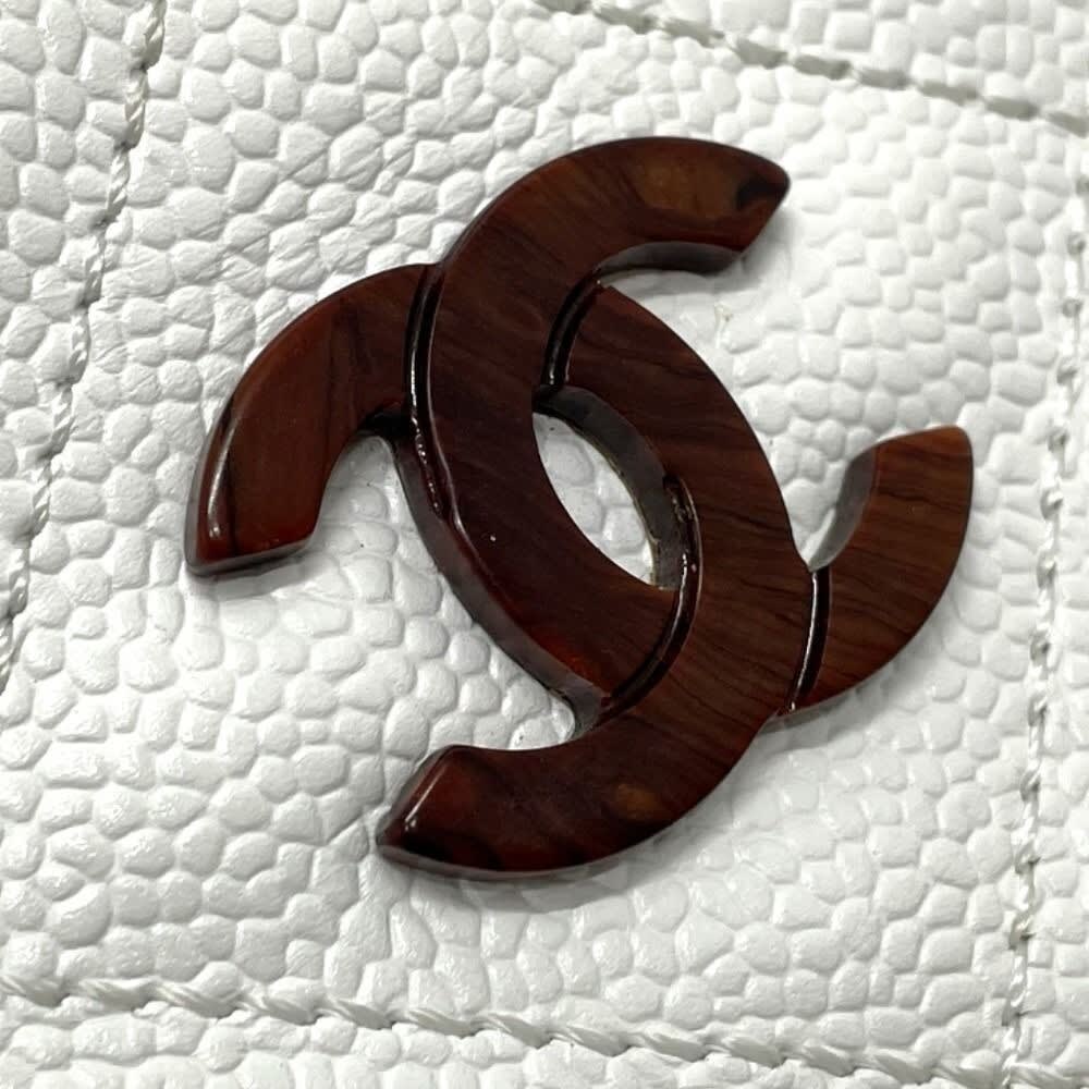 Chanel CC Vintage Caviar Leather Tote White Shoulder Bag Wooden Ring Handle — view 3