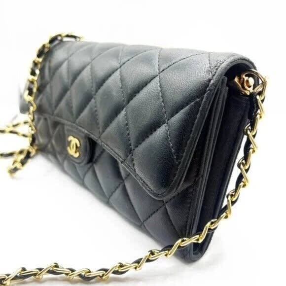 Chanel Lambskin Quilted Leather Wallet Chain Flap Black Purse Tote — view 7