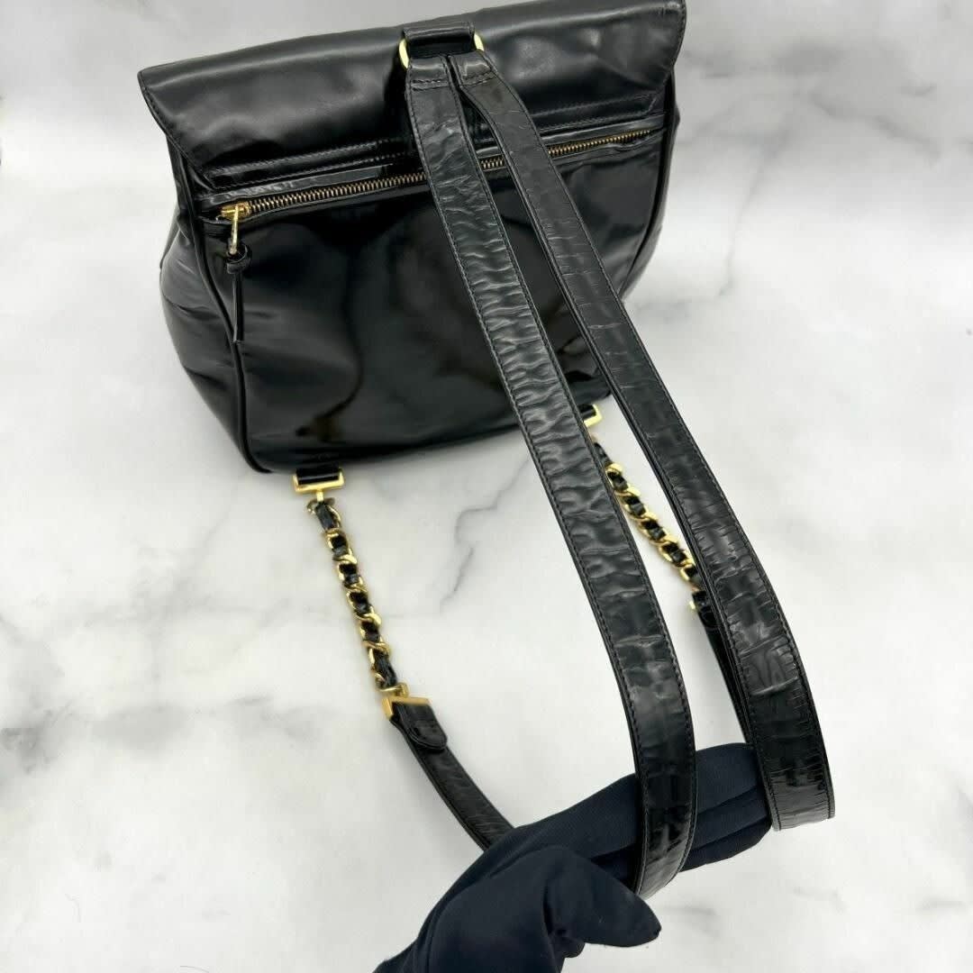 Chanel CC Vintage Backpack Bag Patent Leather Black Turnlock Chain — view 5
