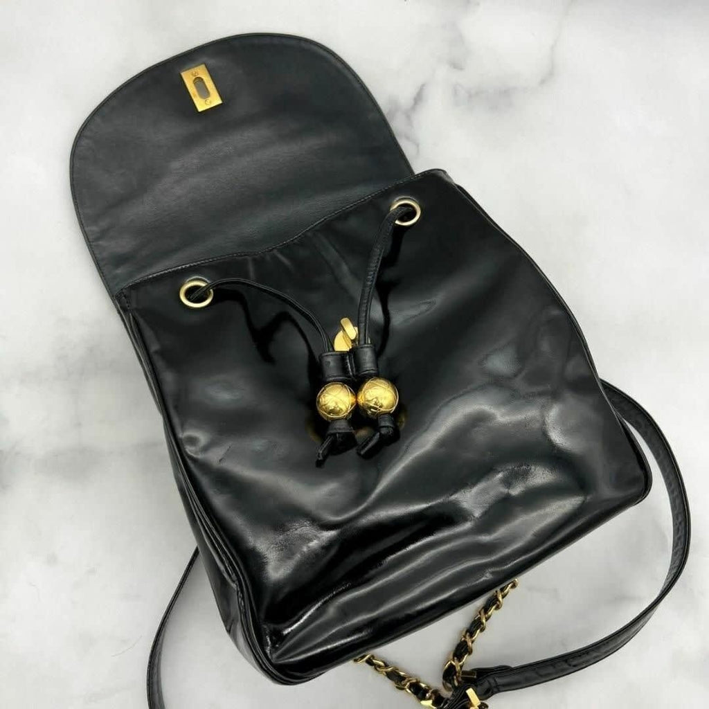 Chanel CC Vintage Backpack Bag Patent Leather Black Turnlock Chain — view 6