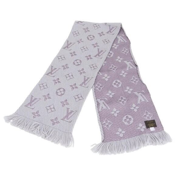 Louis Vuitton Logomania Silk Wool Scarf Monogram Grey Light Purple Pink — view 2