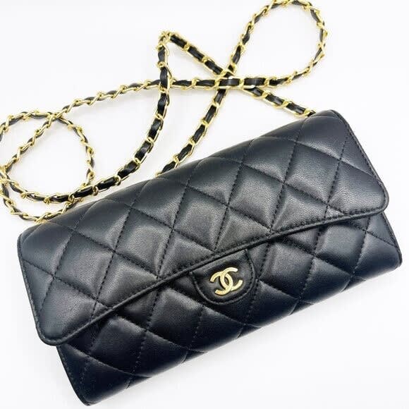 Chanel Lambskin Quilted Leather Wallet Chain Flap Black Purse Tote — view 4