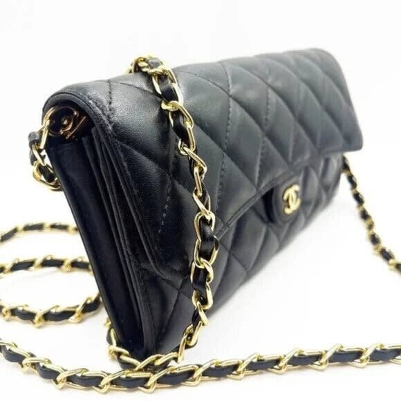 Chanel Lambskin Quilted Leather Wallet Chain Flap Black Purse Tote — view 6