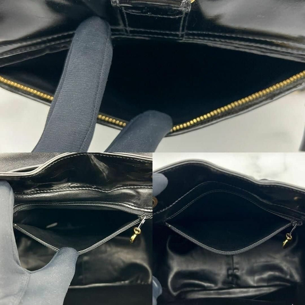 Chanel CC Vintage Backpack Bag Patent Leather Black Turnlock Chain — view 8