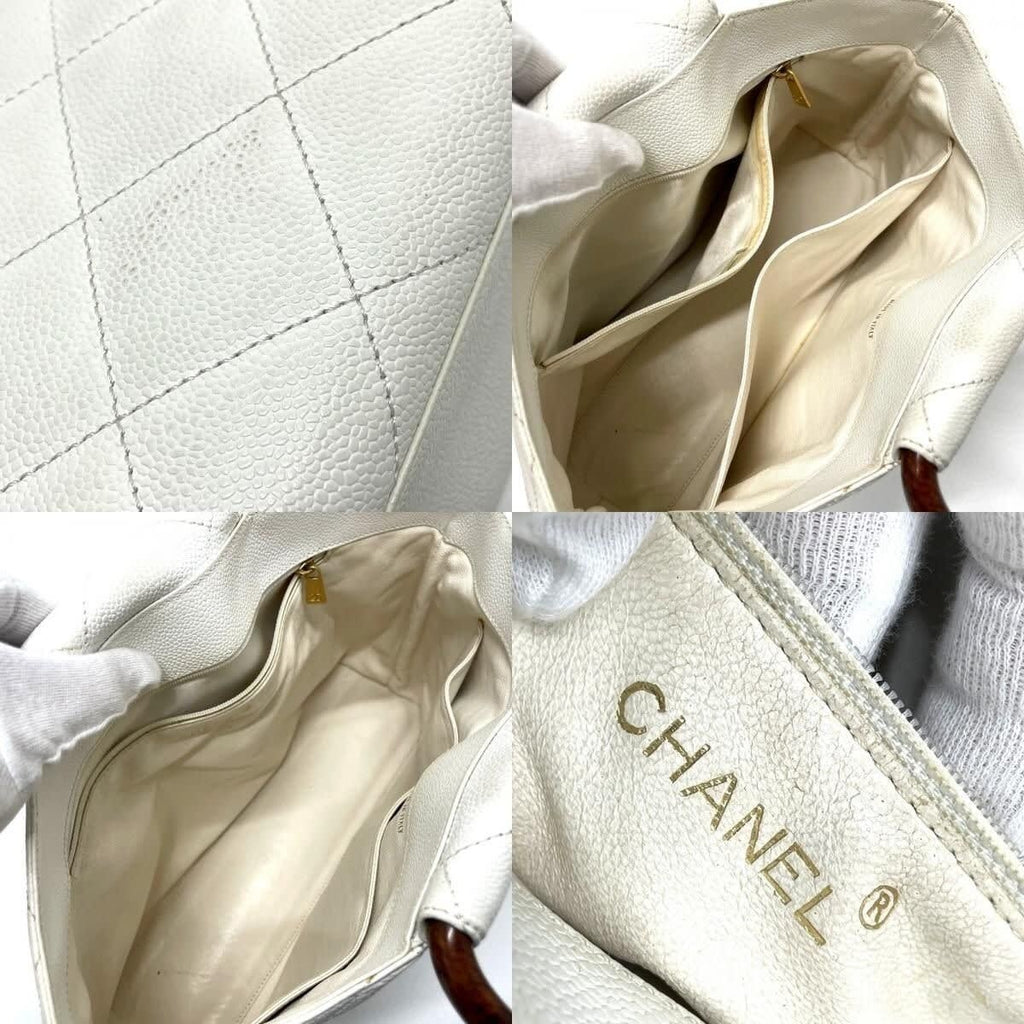 Chanel CC Vintage Caviar Leather Tote White Shoulder Bag Wooden Ring Handle — view 8