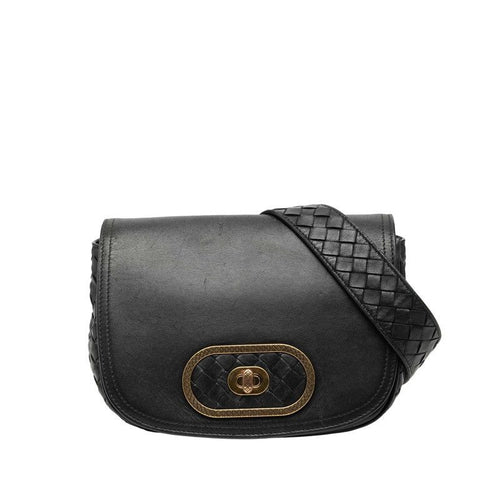 Bottega Veneta Intrecciato Crossbody Shoulder Bag Black Leather