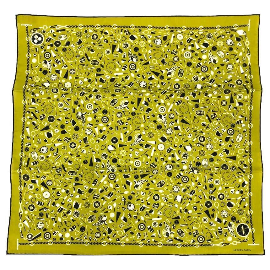 Hermes Bandana Carre 55 Sports en Vrac Cotton Khaki New Vintage Scarf
