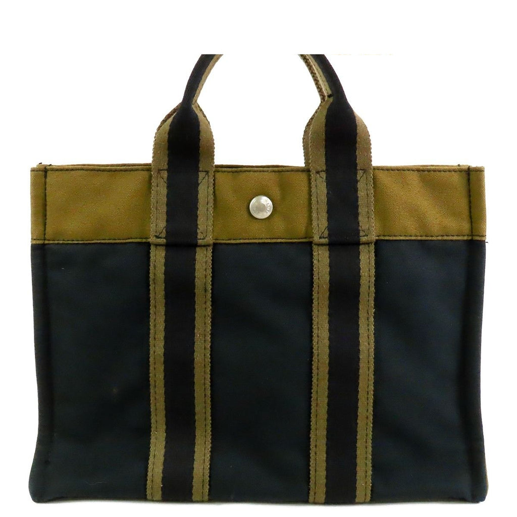 Hermes Fourre Tout PM Khaki Green Navy Silver Cotton Canvas Tote Bag