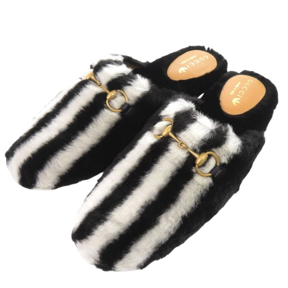 Gucci Adidas Horsebit Fur Slippers Flat Shoes Black