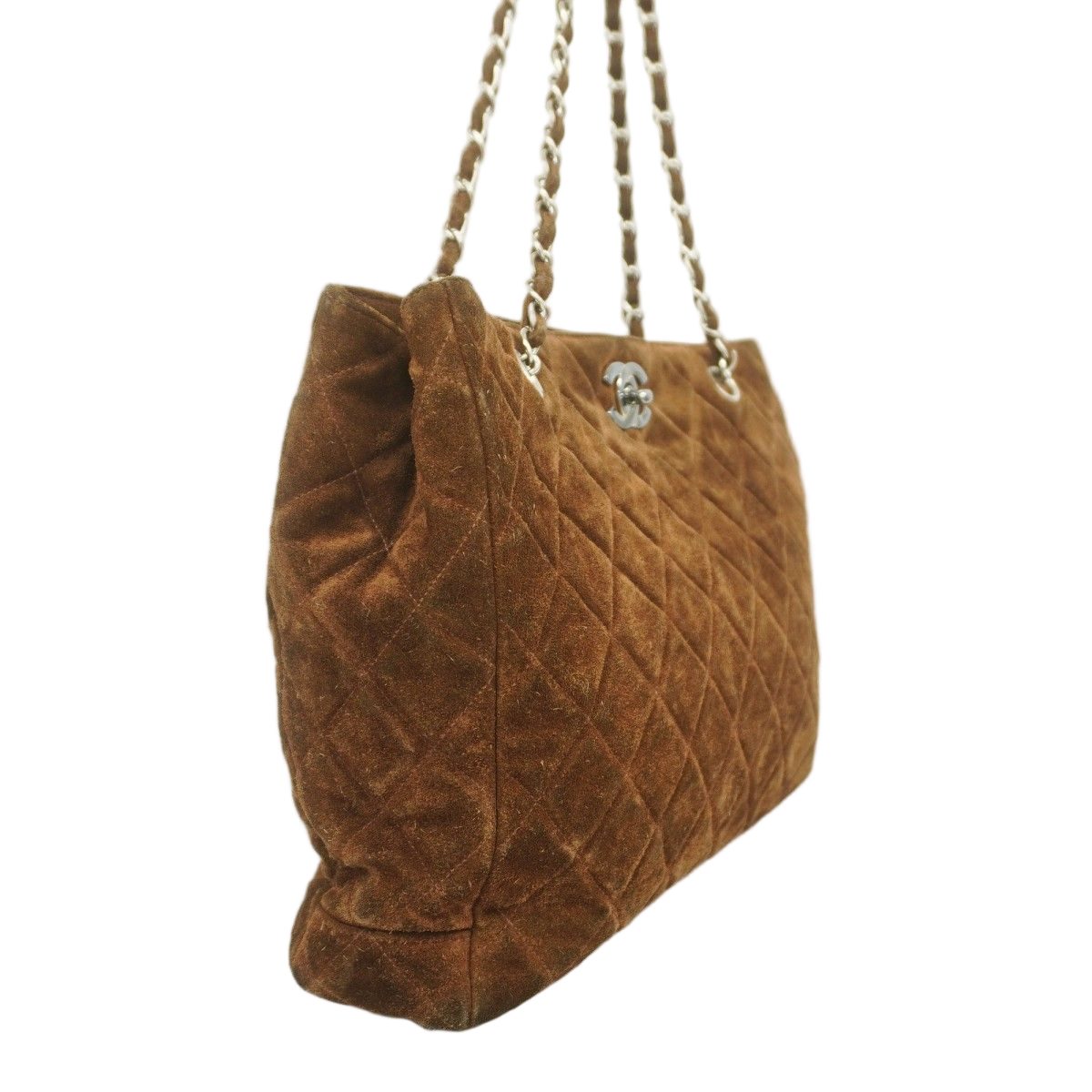 Chanel Chain Tote Quilted Suede Brown Silver — view 2