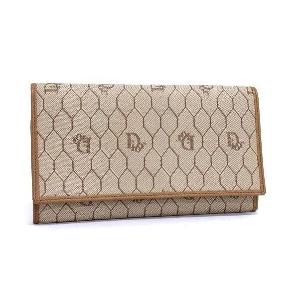 Christian Dior Wallet Honeycomb Pattern Long Beige Brown Leather