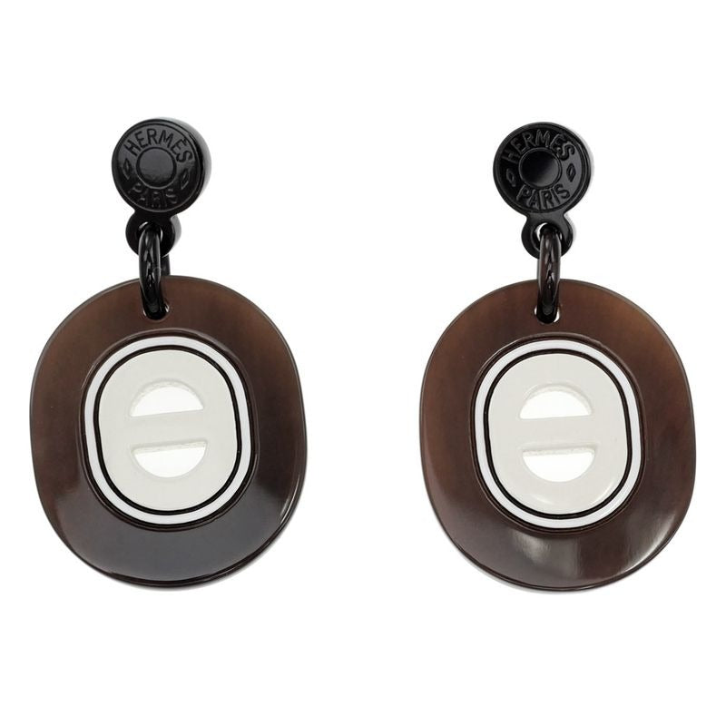 Hermes Earrings Fidelio Village PM Buffalo Horn Dark Brown White