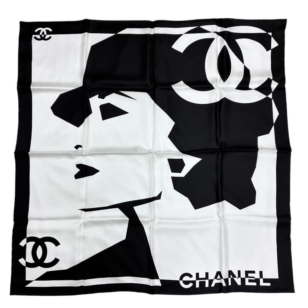 Chanel Silk% Large Scarf CC Logo Mademoiselle White Black — view 2