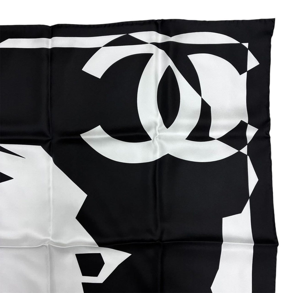 Chanel Silk% Large Scarf CC Logo Mademoiselle White Black — view 4