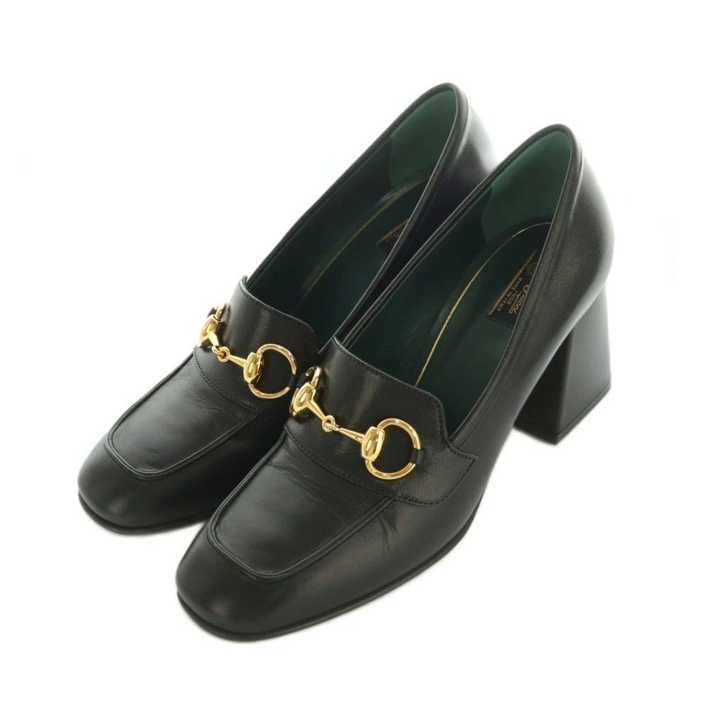 Gucci Horsebit Heel Loafers Moccasin Square Toe Block 36.5 Black