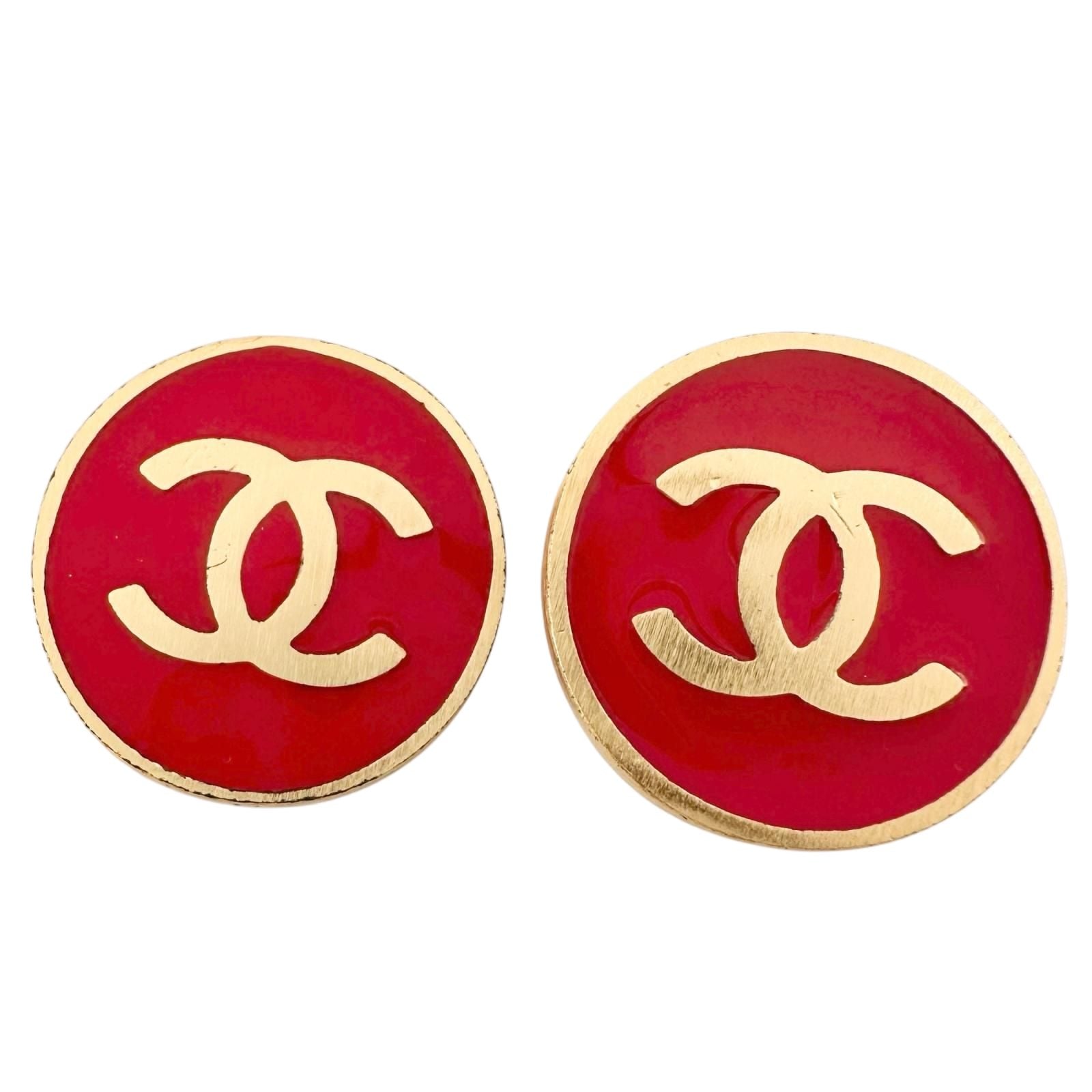 Chanel CC Logo Gold Plated Red Earrings