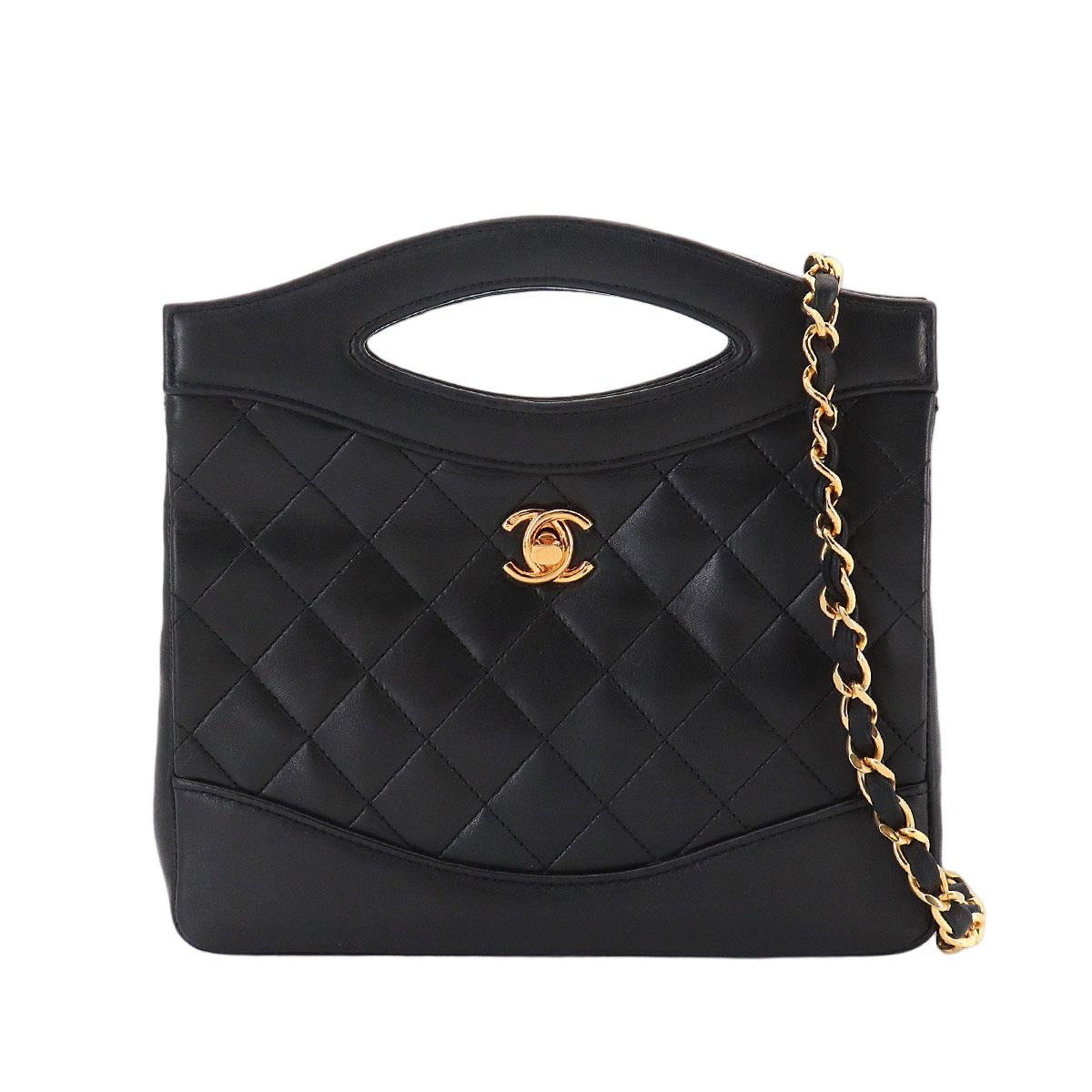 Chanel Quilted 2-Way Hand Chain Shoulder Bag Lambskin Black Gold Vintage
