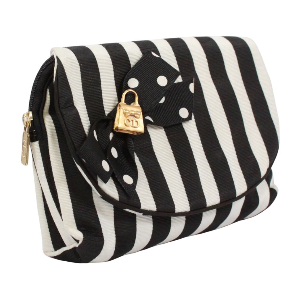 Dior Striped Cosmetics Canvas Black White Pouch Gold — view 2