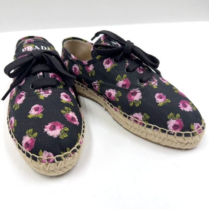 Prada Gabardine Espadrille Sneakers Black Pink Canvas 36.5