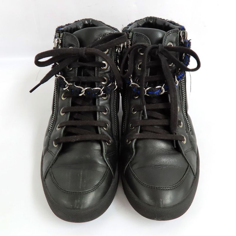 Chanel High Cut Sneakers Chain Double Zip 37 Coco Mark Black Leather — view 2